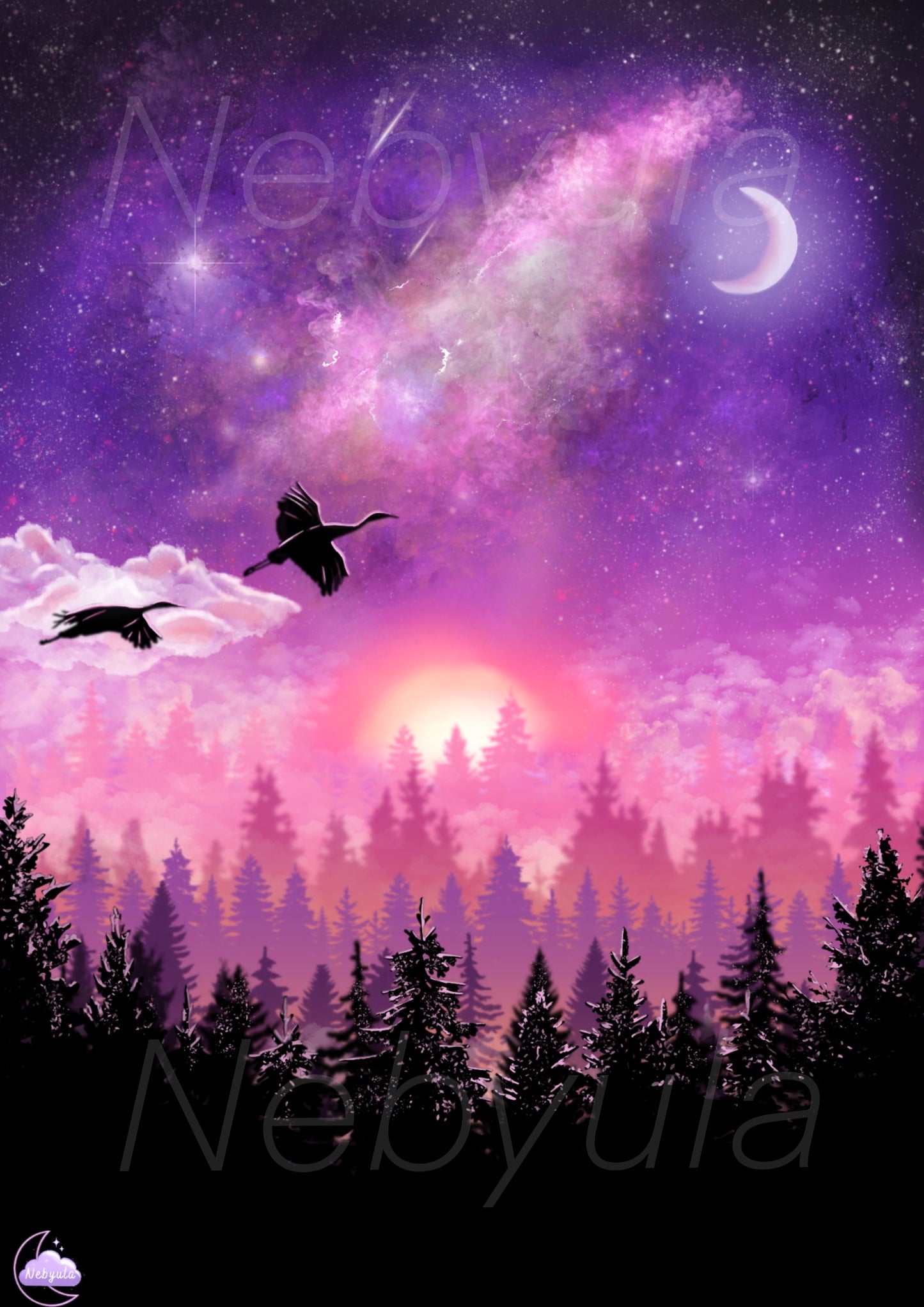 Ambiance poétique japonaise - Illustration original - Art Japonnais - Paysage nocturne - Style Lofi