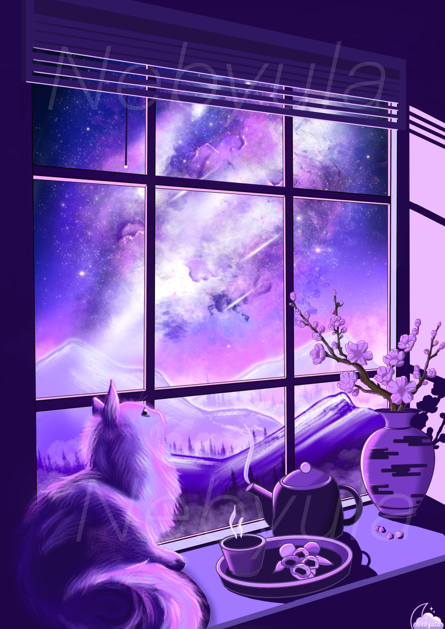 Ambiance poétique japonaise - Illustration original - Art Japonnais - Paysage nocturne - Style Lofi