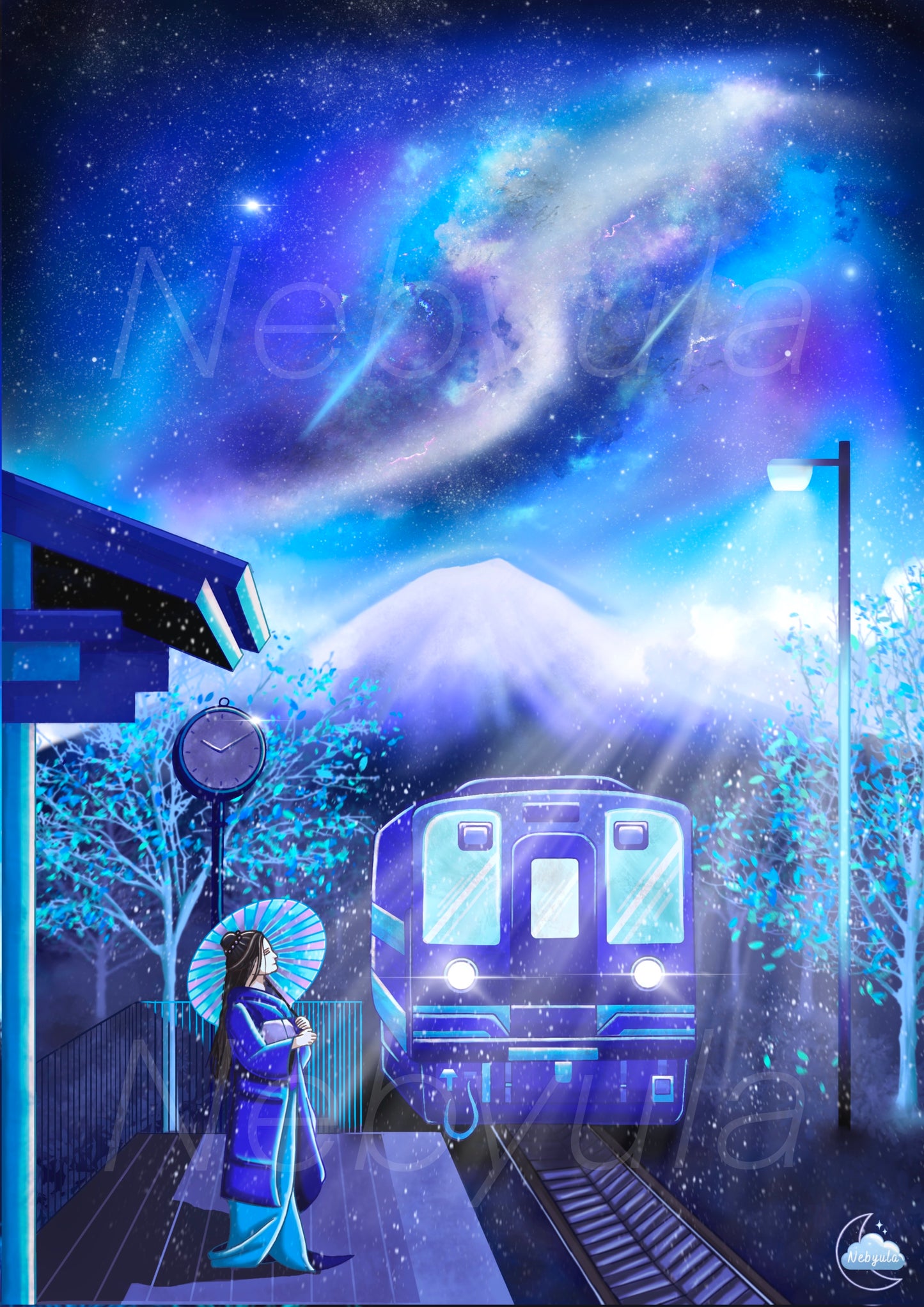 Ambiance poétique japonaise - Illustration original - Art Japonnais - Paysage nocturne - Style Lofi
