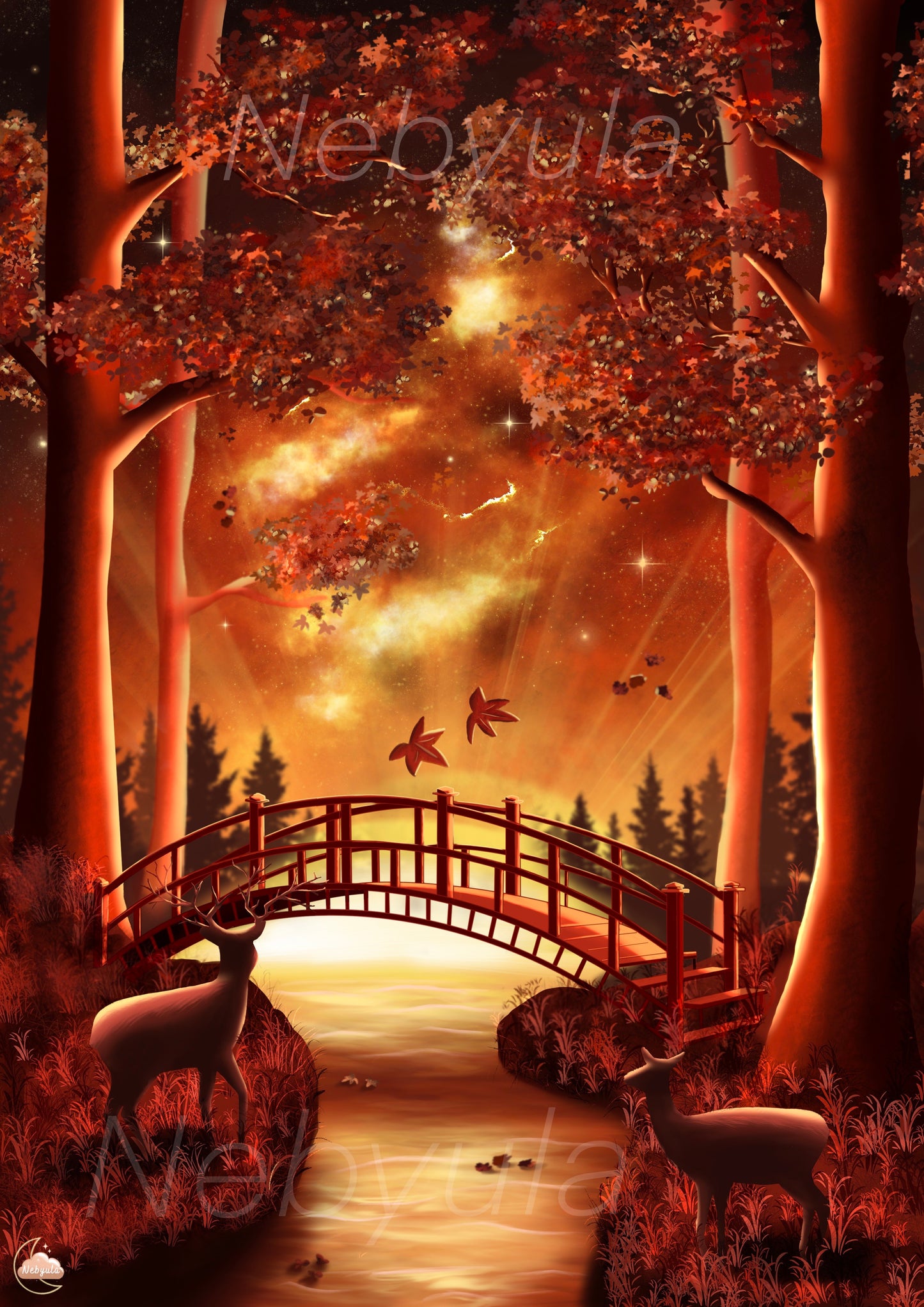 Ambiance poétique japonaise - Illustration original - Art Japonnais - Paysage nocturne - Style Lofi