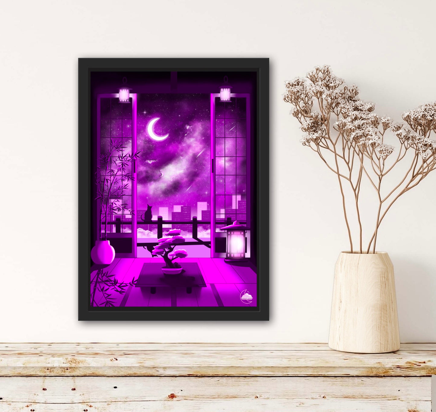 Ambiance poétique japonaise - Illustration original - Art Japonnais - Paysage nocturne - Style Lofi