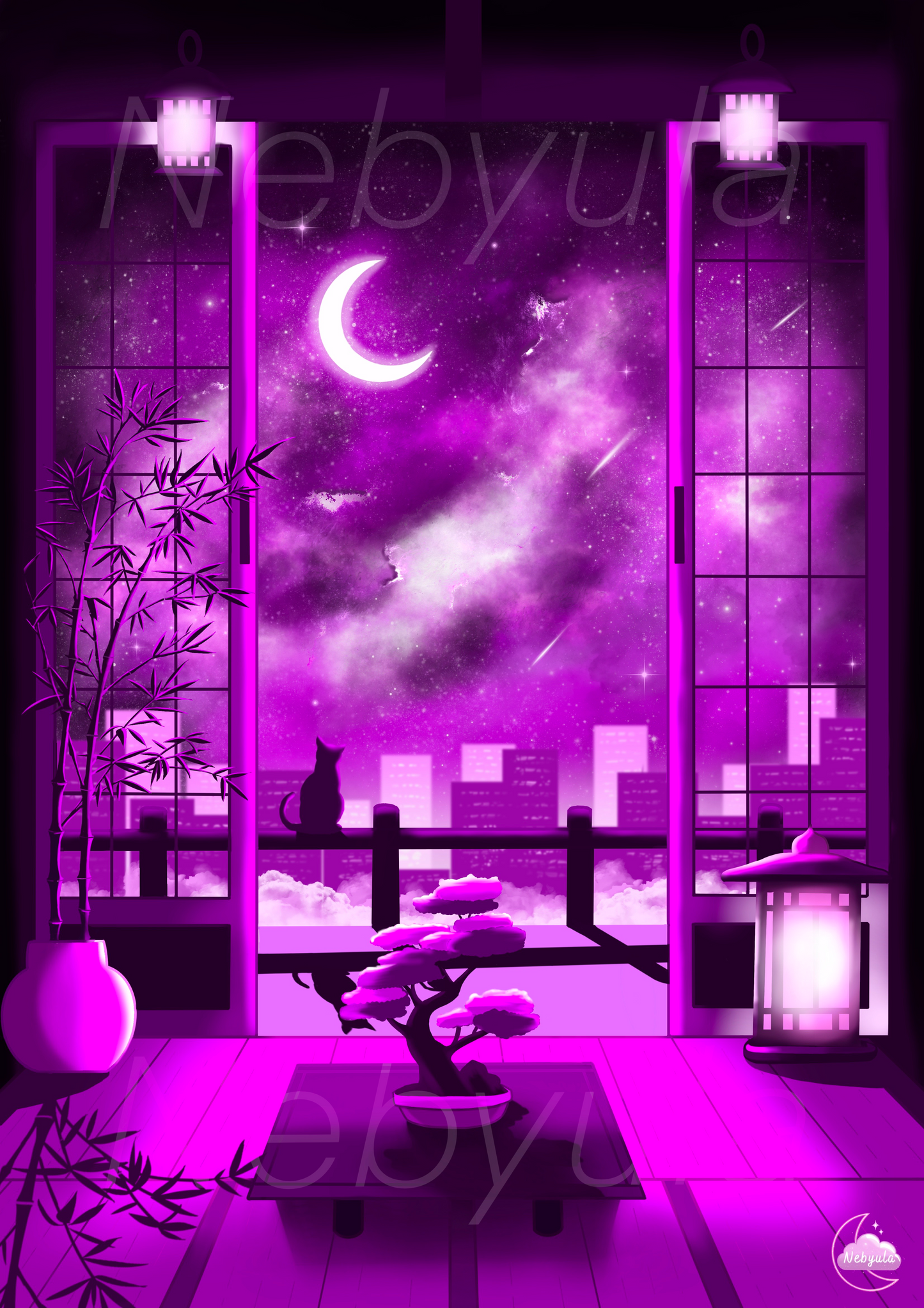 Ambiance poétique japonaise - Illustration original - Art Japonnais - Paysage nocturne - Style Lofi
