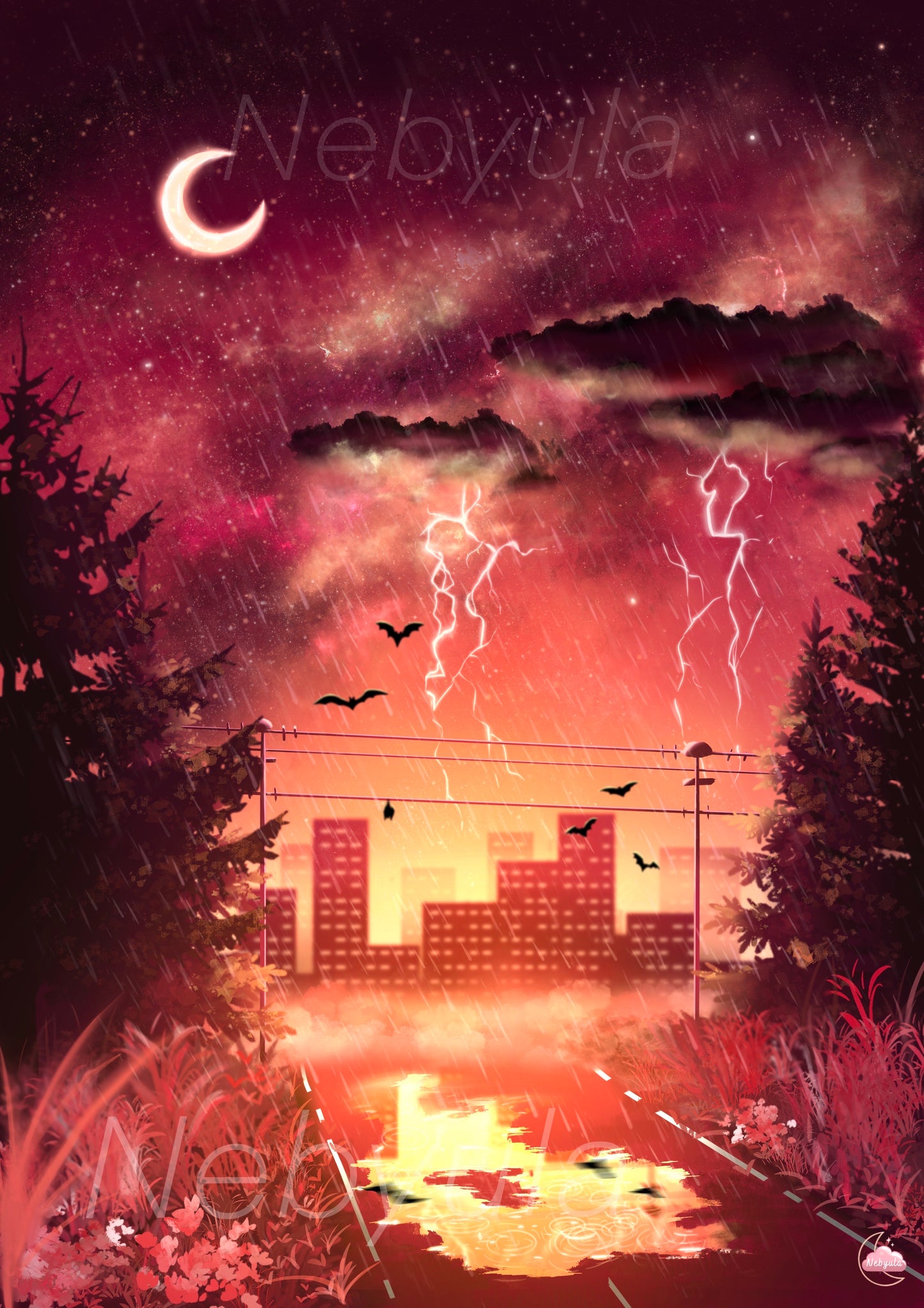 Ambiance poétique japonaise - Illustration original - Art Japonnais - Paysage nocturne - Style Lofi