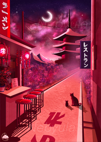 Affiche Japonaise Ruelle nocturne et ciel étoilée - Art numérique