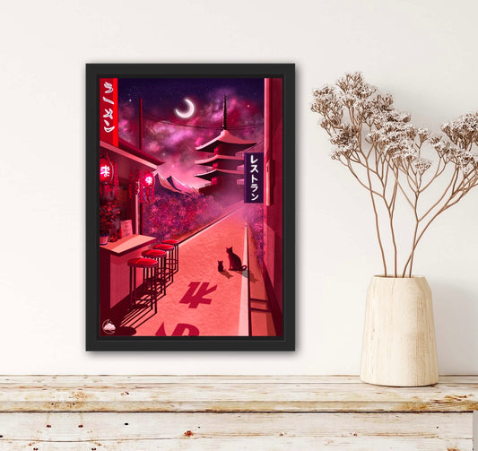 Affiche Japonaise Ruelle nocturne et ciel étoilée - Art numérique
