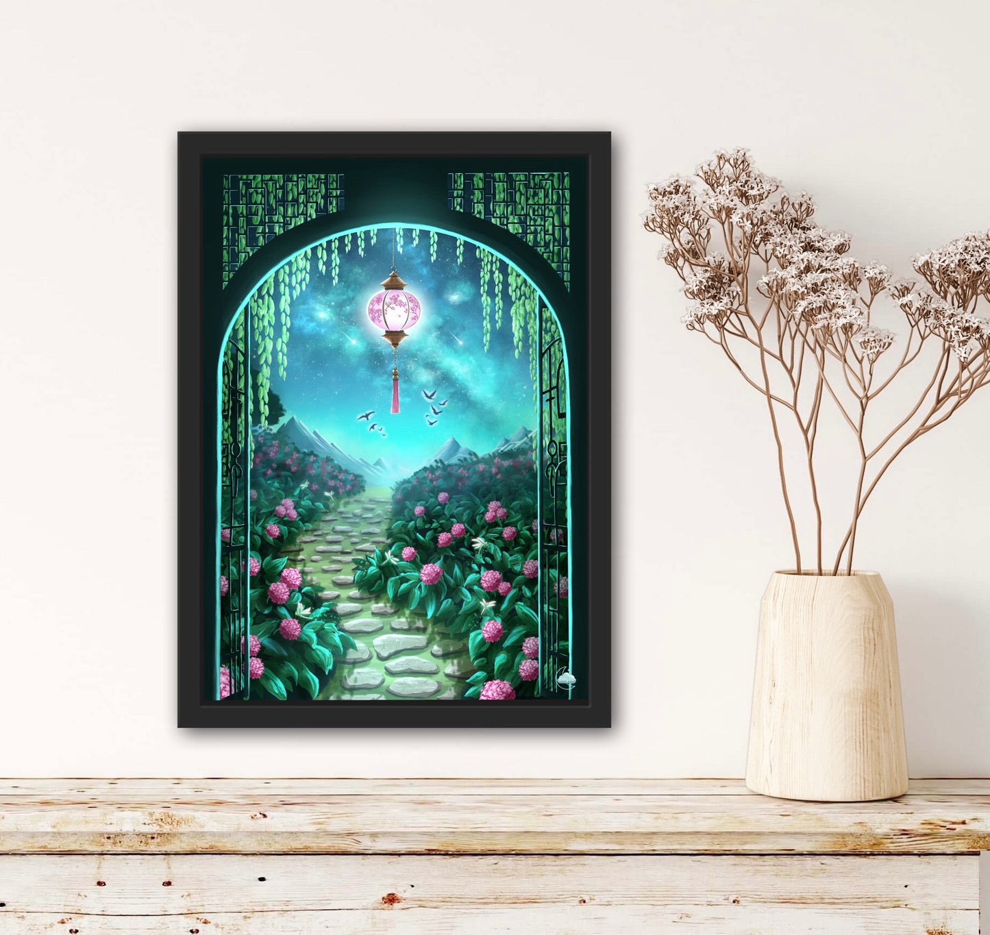 Affiche japonaise jardin étoilé et lanterne - Art numérique