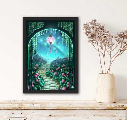 Affiche japonaise jardin étoilé et lanterne - Art numérique