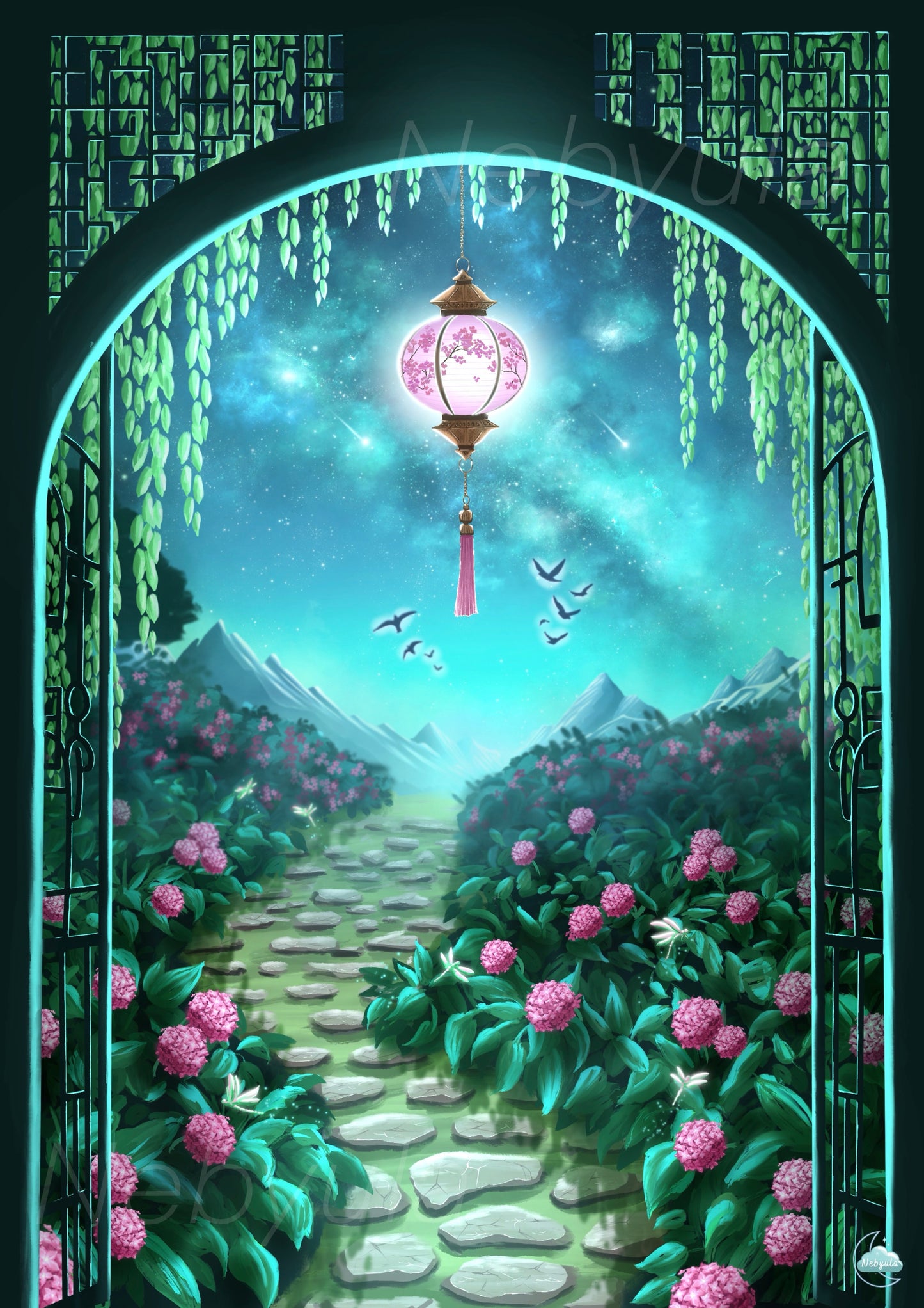 Affiche japonaise jardin étoilé et lanterne - Art numérique